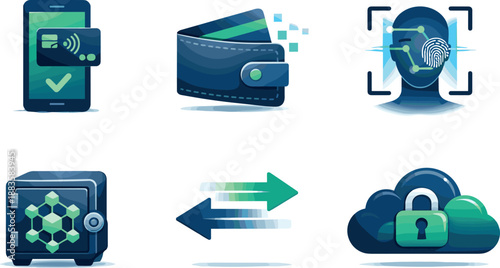 Modern Banking Solutions. Fintech innovation composition expressing modern banking solutions, six symbolic objects arranged in two