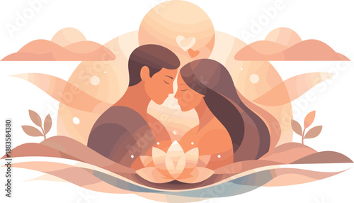 Mindful Love Harmony. Abstract mindful romance scene built from smooth curves, centered harmony, and soft energy flow, modern flat