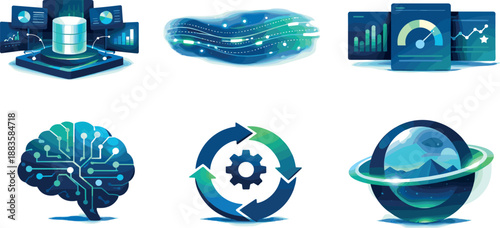 BI Ecosystem Illustration. Enterprise intelligence ecosystem illustration showcasing mature BI capabilities, six symbolic objects