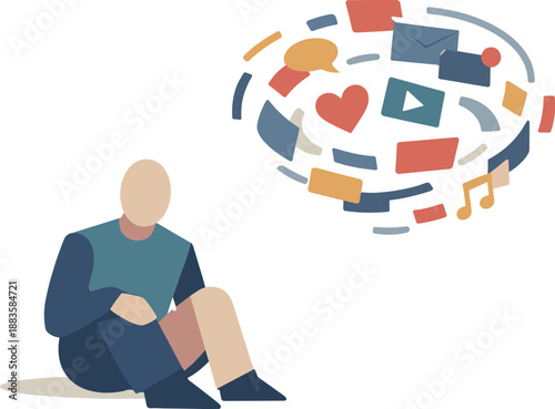 Image Generation. Abstract geometric human figure surrounded by looping distraction blocks suggesting digital distraction spiral