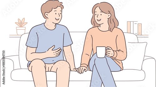 Calm Friendship Chat. Two friends sit side by side in a living room talking calmly and relaxed Minimalist flat line vector