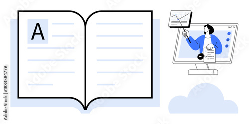 Education concept. Education through an open book and online teaching elements on a screen. Education highlights learning, knowledge sharing, and digital teaching. For e-learning, training materials