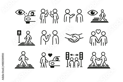 Human vector crossing mutual urban connection visual icons shared icon safety cue