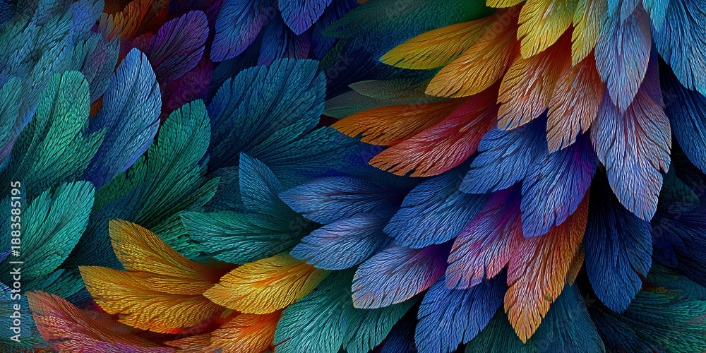Obraz premium Colorful macaw parrot feathers texture close up, abstract exotic bird plumage background pattern with vibrant blue yellow and red colors, tropical nature wallpaper design