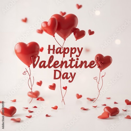 A festive Valentine's Day greeting card with red heart-shaped balloons and confetti floating around the Happy Valentine Day text on a clean white background