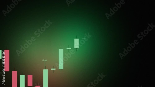 Stock market chart with vibrant candlesticks project lights on black background. 3D scene with depth of field. Green and red candles trends prices.