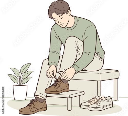 Calm Shoe Lacing. Man calmly fastening shoe laces in a quiet moment, one knee slightly raised as he concentrates on the task,