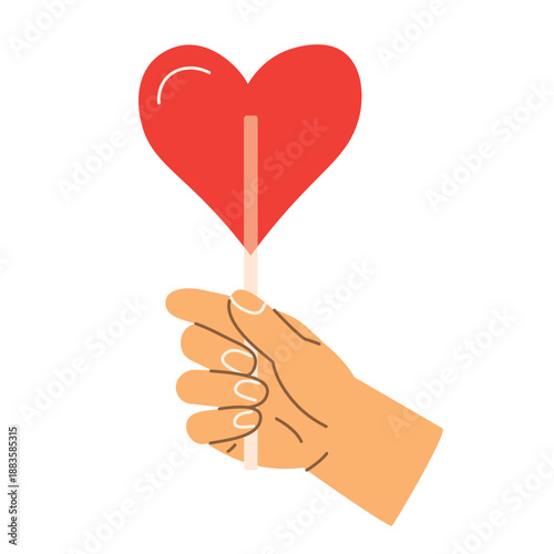 hand holding a heart shaped lollipop as a symbol of love, sweetness and romantic emotions, perfect visual for Valentine’s Day, relationships, gifts and modern lifestyle designs- vector illustration
