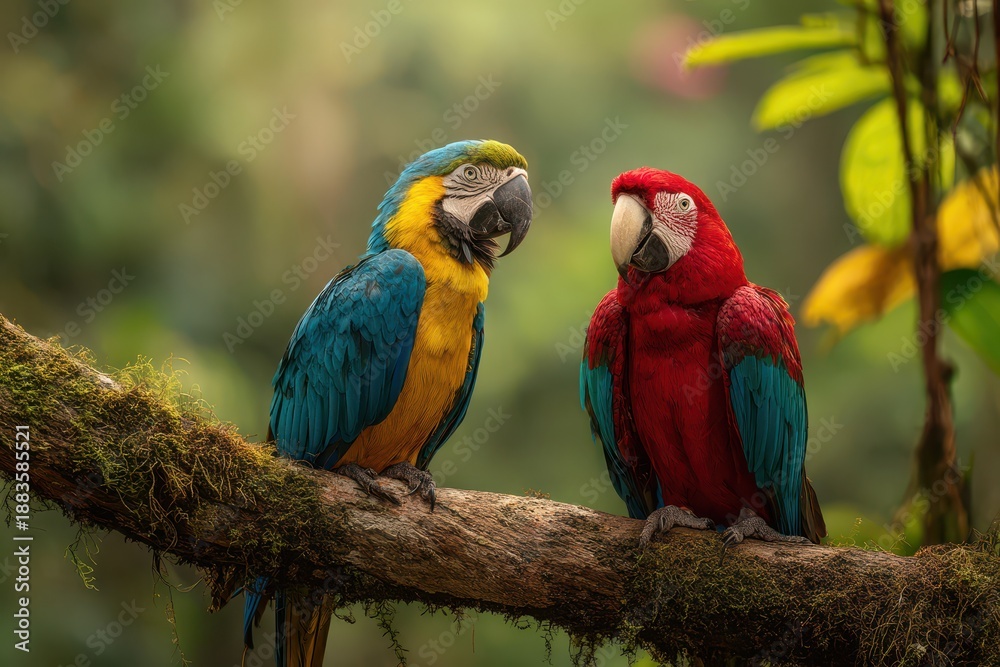 Obraz premium Tropical rainforest scene featuring macaw parrots resting on a branch