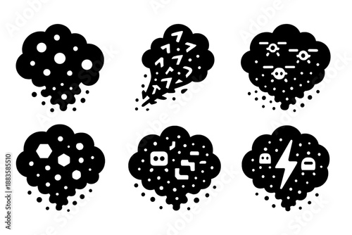 Nanite Fog Icons. Solid style icons of micro-mechanical mist formations: luminous nanite fog, robotic particle stream, micro drone