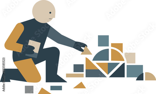 Image Generation. Single abstract geometric human figure aligns multiple fragments into coherent partial arrangement revealing