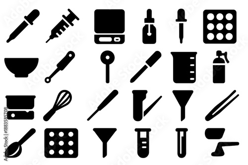 Molecular Gastronomy Tools. Solid style icons of Molecular Gastronomy Tools: pipette, syringe, digital scale, dropper bottle,