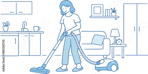 Minimalist Vacuuming Scene. Woman vacuums the floor in a compact living space with steady relaxed movements Minimalist flat line