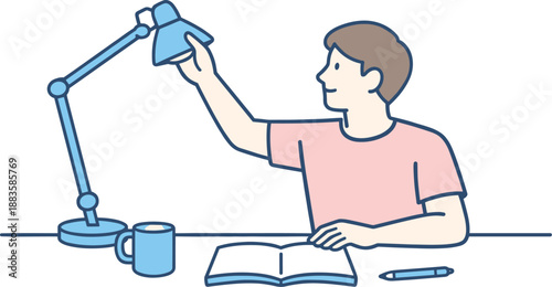 Minimalist Desk Scene. Man sits at a desk reaching up to reposition a desk lamp calmly Minimalist flat line vector illustration,