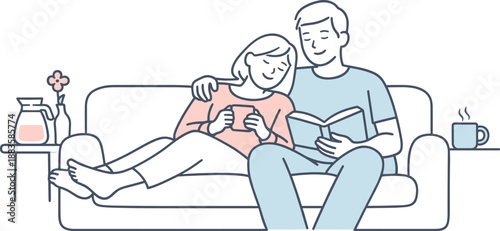 Peaceful Morning Embrace. Couple relaxes on a sofa sharing a peaceful slow morning moment together Minimalist flat line vector