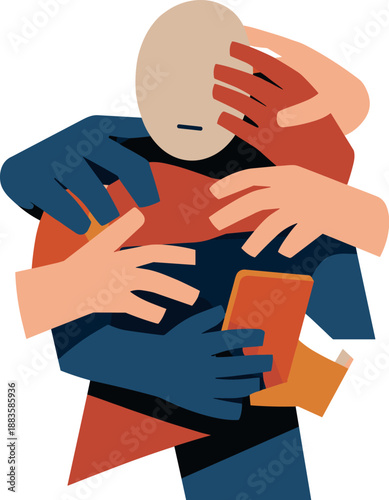 Image Generation. Abstract geometric human figure appears partially fragmented as grabbing hands overlap and obscure body