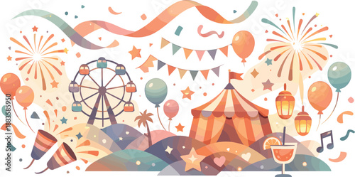 Abstract Festival Energy. Abstract festival scene built from glowing decorative elements, ribbons, and dynamic celebratory energy,