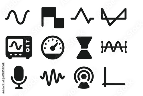 Analog Sound Icons. Solid style icons of Analog Sound Waves: Sine Wave, Square Wave, Triangle Wave, Sawtooth Wave, Oscilloscope,