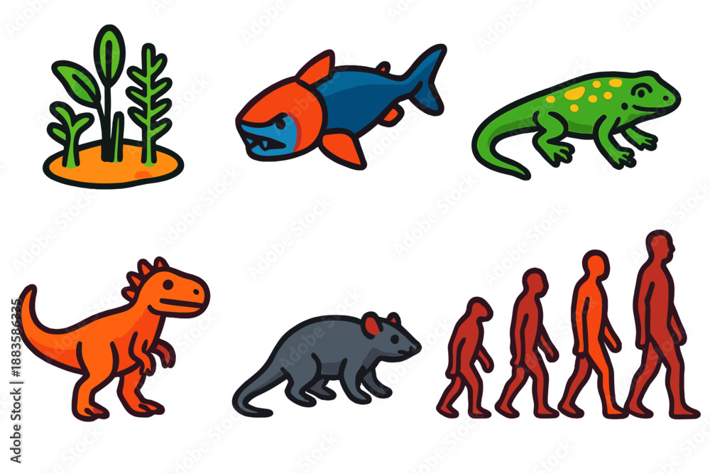 Naklejka premium Evolutionary Icons. Isometric vector illustration set Evolutionary Milestones: first land plants, armored fish, early tetrapod,