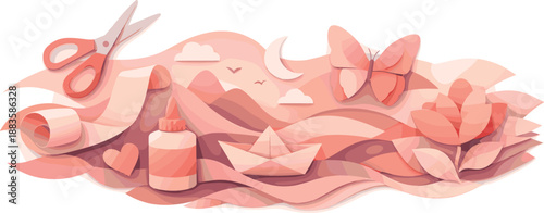 Pastel Paper Craft. Abstract paper craft silhouettes flowing with soft edges and layered depth, modern flat vector illustration