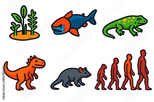 Evolutionary Icons. Isometric vector illustration set Evolutionary Milestones: first land plants, armored fish, early tetrapod,