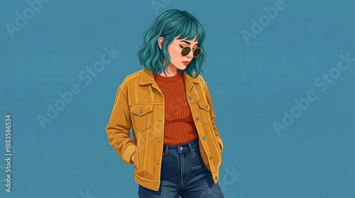 Fashionable young woman with teal hair wearing mustard corduroy jacket and sunglasses vector illustration