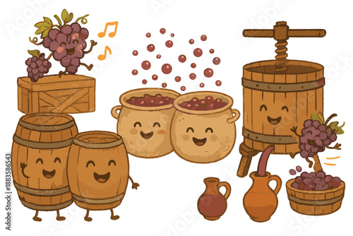 Joyful Wine-Making Scene. Wine-making workshop with happy barrels, bubbling vats, and grapes dancing into presses No text, No