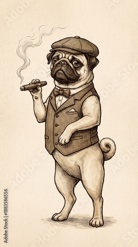 Anthropomorphic Pug Dog Dressed as a Vintage Gentleman Smoking a Cigar Hand Drawn Illustration
