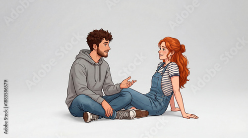 Young man and woman sitting on floor talking: Illustration of friends chatting, listening and communicating isolated on white