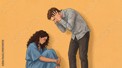 Illustration of a sad couple in conflict, woman sitting and man standing with head in hands, relationship problems