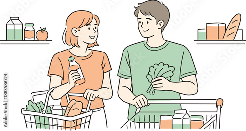 Grocery Shopping Harmony. A couple choosing groceries side by side during a routine shopping trip, clean flat line illustration