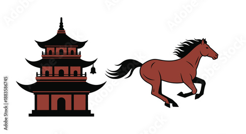 a brown horse stands next to a black and red tiered chinese pagoda illustration