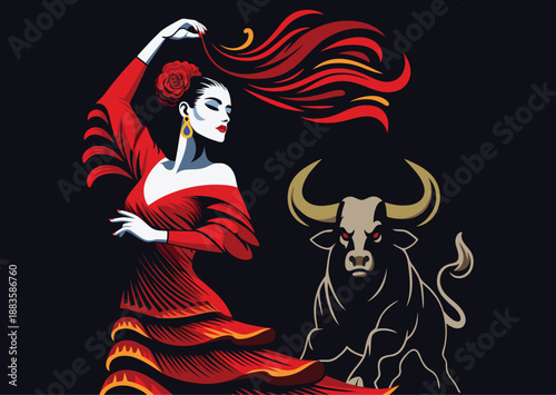 Photography Girl Carmen dancing flamenco against backdrop of angry bull, vector illustration
