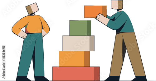 Image Generation. Second abstract geometric human figure appears positioning one block within the aligned structure while first