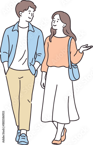 Gentle Conversation Stroll. Couple walks side by side talking softly and sharing a gentle conversation Minimalist flat line vector
