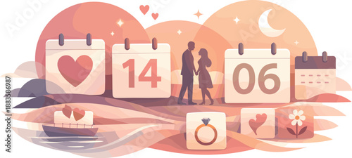 Romantic Calendar Scene. Abstract romantic scene built from calendar tiles, circular highlights, and gentle flowing motion, modern