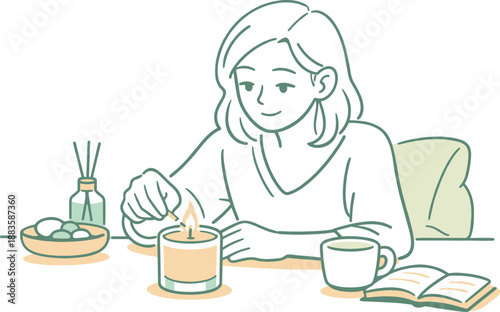 Candle Lighting Ritual. Woman gently lighting a candle as part of a relaxing ritual, relaxed posture and soft focus capturing a