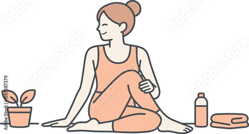 Minimalist Yoga Practice. A woman practices yoga at home, holding a calm pose during a quiet routine, minimalist flat line vector