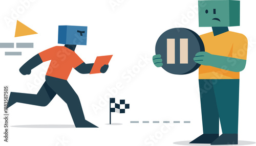 Image Generation. Second abstract geometric human figure appears slightly ahead holding single paused marker as early doubt