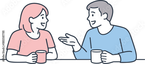 Friendly Conversation Art. Two friends sit at a table smiling and chatting comfortably together Minimalist flat line vector
