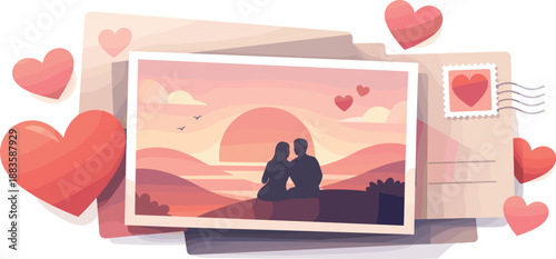 Modern Love Postcard. Stylized love postcard scene suggested through layered cards and hearts, modern flat vector illustration