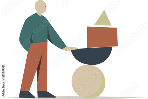 Image Generation. Calm abstract geometric human figure stands beside few balanced shapes in wide white space reframing