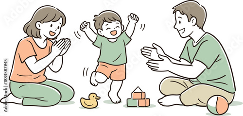 Happy Family Playtime. A mother and father playing happily with their young child at home, clean flat line illustration showing