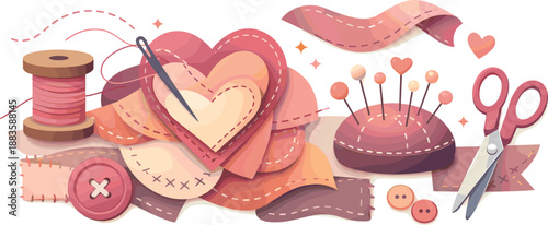 Sewing Love Abstract. Abstract sewing elements suggesting affection through stitches, seams, and layered fabric shapes, modern