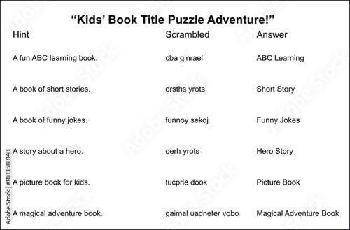 Kids Book Title Puzzle Adventure with Scrambled Words and Answers vector illustration