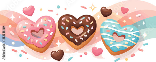 Donut Heart Romance. Abstract sweet romance scene built from floating heart donuts, sprinkles, and glowing decorative accents,