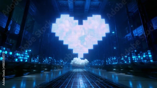 A pixelated heart image created with vivid blue lights and a cloud, set in a futuristic digital environment, embodies emotion and technology, creating a captivating blend of art and innovation.