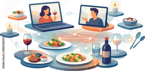 Virtual Dinner Vibes. Abstract digital dinner scene built from floating plates, screens, and glowing connection lines, modern flat
