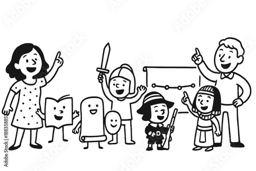 Playful Historical Reenactment. Playful doodle educational reenactment scene with smiling teachers, students in costumes, scrolls
