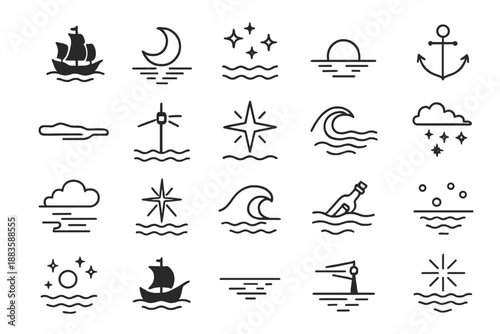 Night Sea Icons. Line style icons of night sea journey: ship silhouette, moon reflection, stars over waves, glowing horizon,